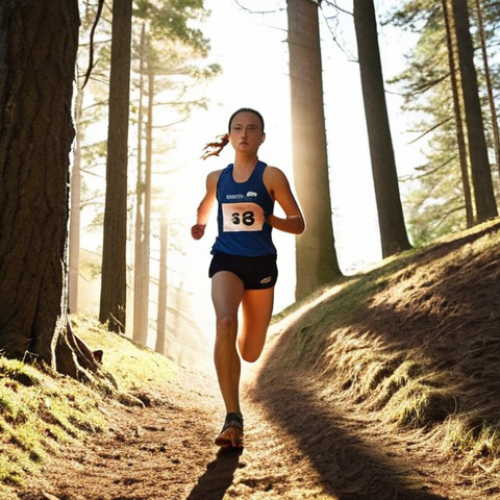 **

A determined athlete running uphill during a cross-country race, pushing past their perceived limits. Sunlight filters through the trees, highlighting their focused expression. The background shows other runners, some struggling, but the main focus is on the central figure's grit and determination. The overall feel is motivational and empowering, emphasizing self-improvement over direct competition.

**