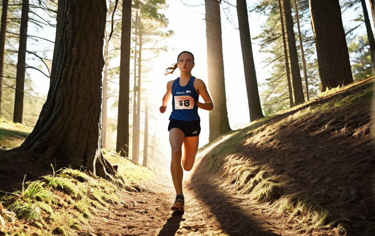 **
A determined athlete running uphill during a cross-country race, pushing past their perceived limits. Sunlight filters through the trees, highlighting their focused expression. The background shows other runners, some struggling, but the main focus is on the central figure's grit and determination. The overall feel is motivational and empowering, emphasizing self-improvement over direct competition.
**