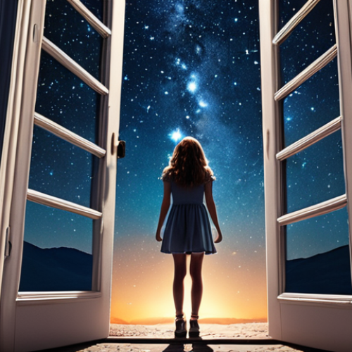 **

A person stepping out of a brightly lit doorway representing a "comfort zone," into a vast, star-filled night sky. The person is looking up with a sense of wonder and slight trepidation. Incorporate visual metaphors for overcoming fear, such as broken chains or stepping stones. Style: Dreamy, slightly surreal.

**